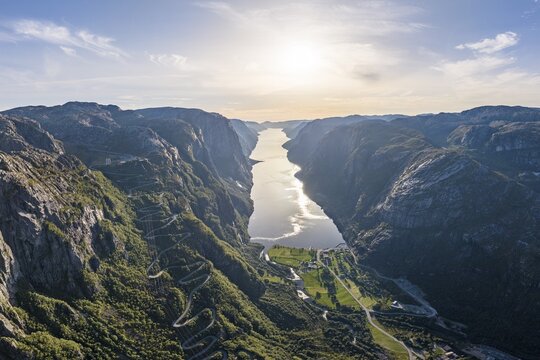 Winding road Lysevegen and village Lysebotn, hairpin bends, Lysefjord, Rogaland, Norway