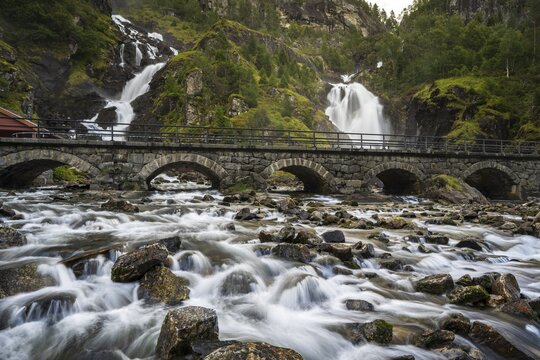 L&aring;tefossen waterfall with bridge, Latefossen, Odda, Vestland, Norway