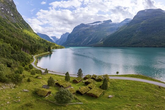 Traditional cabins on the shores of Lake Lovatnet, Breng seter, Loen, Stryn, Norway