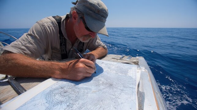 Expert marine archaeologist sketches detailed site maps of historic shipwreck locations coordinating with crew against a backdrop of open sea.