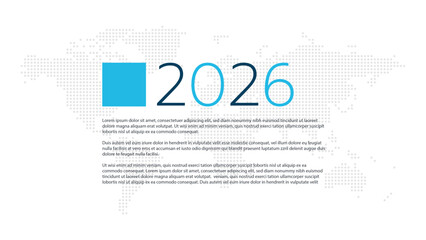 2026 year with dotted world map. Vector background with sample text. Element for global business, web design, infographic, report, presentation, illustration