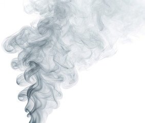 Ethereal, swirling grey smoke plume with wispy tendrils and soft gradients, digitally captured in a fluid motion, presented against a stark white background with, isolated on transparent background.