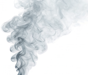 Ethereal, swirling grey smoke plume with wispy tendrils and soft gradients, digitally captured in a fluid motion, presented against a stark white background with, isolated on transparent background.