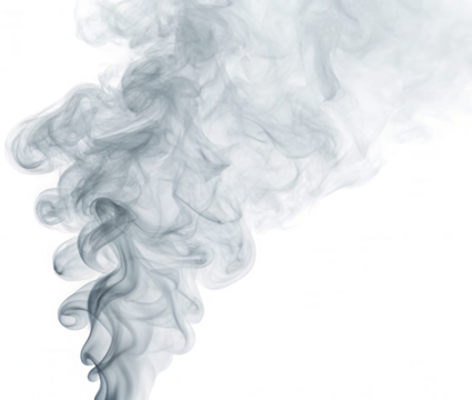 Ethereal, swirling grey smoke plume with wispy tendrils and soft gradients, digitally captured in a fluid motion, presented against a stark white background with, isolated on transparent background. - Powered by Adobe