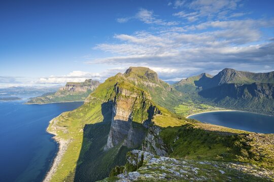 View from Finnesfjellet mountain to mountains and coast, evening Finnes, Helgeland coast, Bod&oslash;, Nordland, Norway