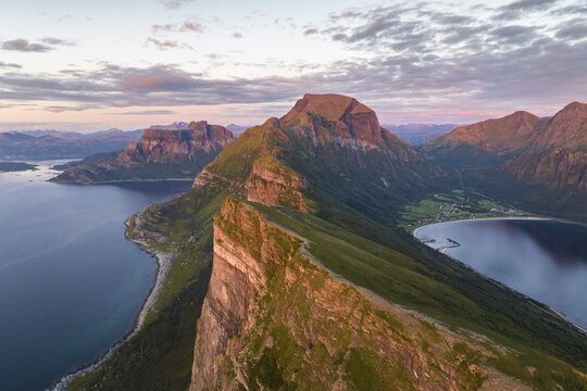 View from Finnesfjellet mountain to mountains and coast, evening moodFinnes, Helgeland coast, Bod&oslash;, Nordland, Norway