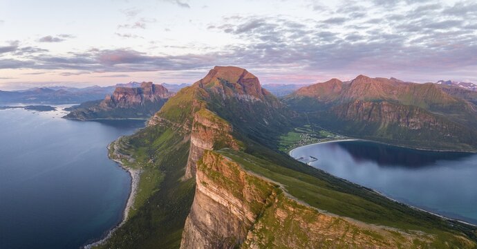 View from Finnesfjellet mountain to mountains and coast, evening mood, Finnes, Helgeland coast, Bod&oslash;, Nordland, Norway