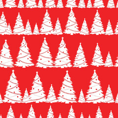 Obraz premium Repeating pattern of white Christmas trees with garland decoration on a vibrant red background festive holiday design