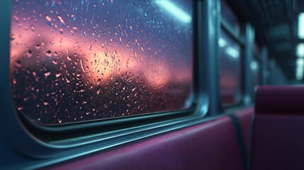 Raindrops on a train window with the sunset in the background creating a soft mood