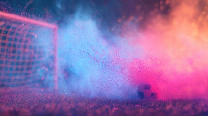 Colorful smoke surrounds a soccer ball in a goal area during a game at night