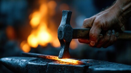 Hands of a blacksmith gripping a hammer and working on a glowing steel rod over an anvil with a fiery furnace burning brightly in the background.
