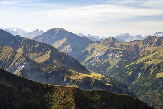 Mountain panorama in the peaks of the Glarus Alps, 5 lakes hike on the Pizol, Bad Ragaz, Glarus Alps, Switzerland