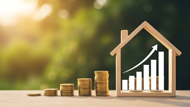 Wooden house frame with rising graph and gold coins. Real estate market and property investment. House silhouette over money stacks symbolizing mortgage savings and home ownership