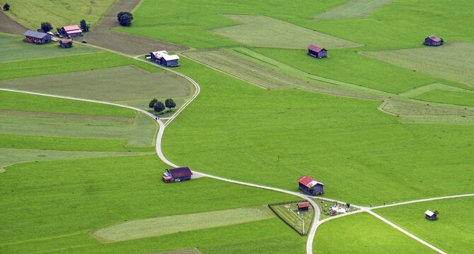 Aerial view, paragliding flight, landscape with meadows, paths and houses near Oberstdorf, Oberallg&auml;u, Allg&auml;u, Bavaria, Germany