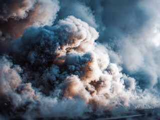Massive plume of thick, billowing smoke and dust cloud rising into the sky during an intense explosion or volcanic eruption in dramatic lighting conditions