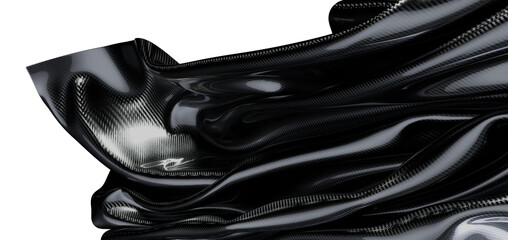 Close up of abstract wavy black material with carbon fiber weave for backgrounds or textures.