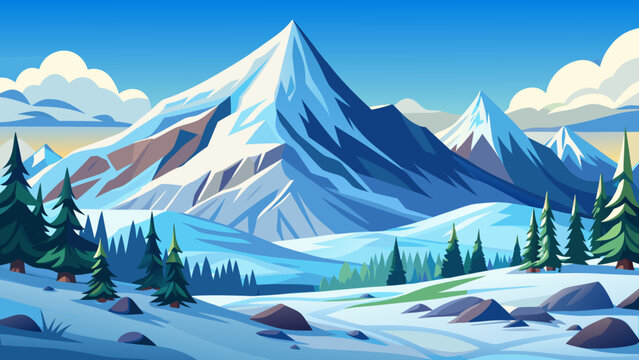 Majestic snow-capped mountain range with vibrant pine forests under a clear blue sky