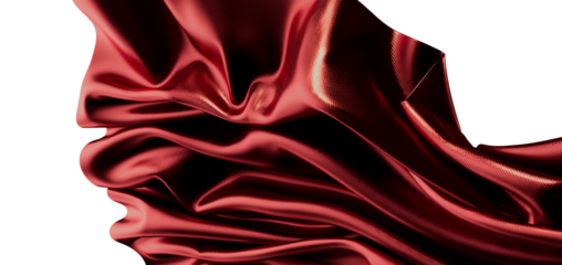 Luxurious red satin fabric beautifully draped, showcasing its smooth texture and light reflections.