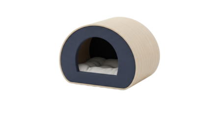 Stylish modern pet bed with cozy cushion in a wooden arch design for cats and small dogs isolated