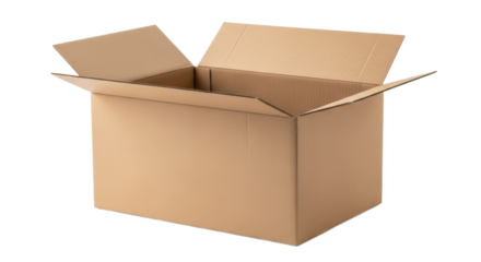 Open cardboard box with flaps raised isolated