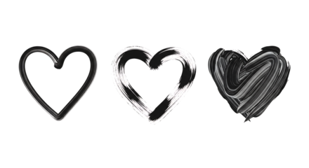 Black brush stroke hearts, isolated on transparent background