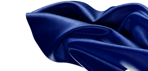 Close up shot of flowing blue fabric. Beautiful silk material, studio shot on white. Suitable for fashion, design, and t