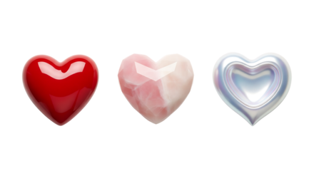 Red, pink, and silver hearts, isolated on transparent background