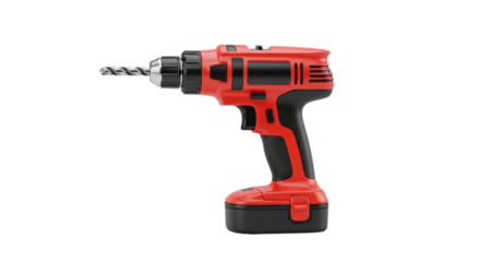 Red and black cordless power drill with drill bit isolated isolated