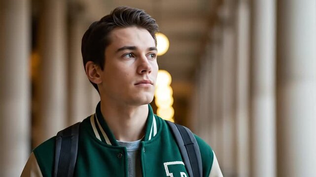 Young Male Student in Varsity Jacket Walking Through Historic School Hallway