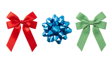 Red, blue, and green gift bows, isolated on transparent background