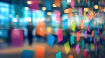 Colorful sticky notes on glass with blurred office background and people