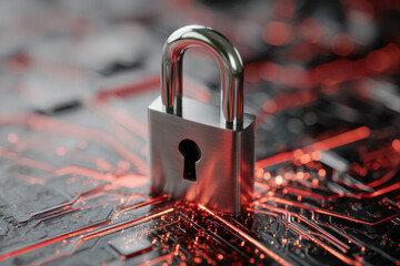 Metallic padlock positioned on a circuit board with glowing red electronic pathways symbolizing cybersecurity and digital data protection concepts in technology
