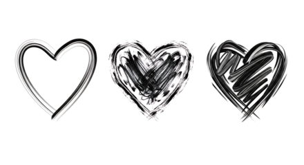 Hand drawn hearts, black brush strokes, isolated on transparent background