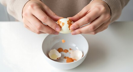 A person's hands carefully peeling the shell off a hard-boiled egg into a white bowl.