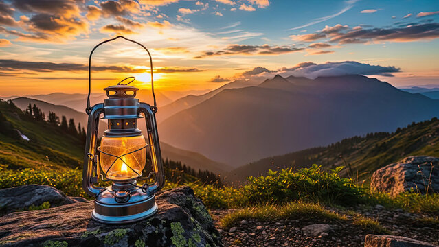 A lit lantern on a rock during a colorful mountain sunset transparent background mountains