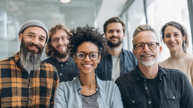 Confident business team posing for a group portrait in a bright workspace, showcasing inclusivity and success. Friendly coworkers express trust, motivation, and creative synergy