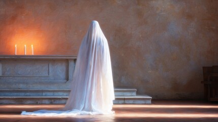 Person in white cloth prays near candles in a quiet setting at dusk