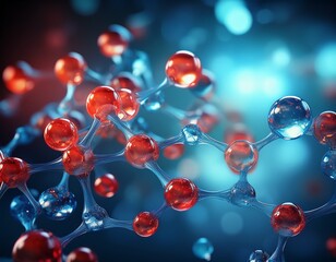 molecular structure with water molecules blue and red molecule structures with science effect