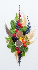 A vibrant, overhead composition showcasing diverse foods like leafy greens, colorful berries, seeds, and grains crucial for health and wellness, ingredients, grains, metabolism