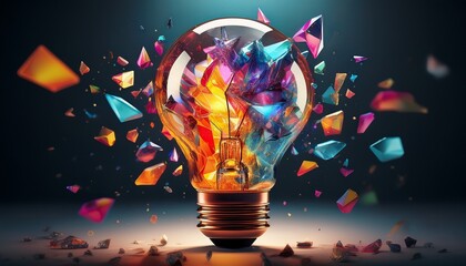 vibrant light bulb with explosion of colorful crystals and shattered glass in abstract design