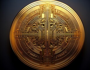 futuristic gold coin with intricate circuit design and glowing edges