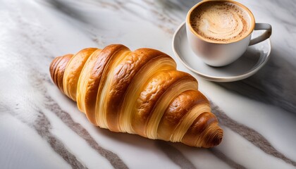 a golden flaky croissant loaf with buttery layers sits on a marble surface beside a creamy coffee radiating warmth and irresistible bakery freshness