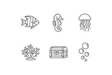 Aquatic life icons: marine creatures and objects in minimalist outline style