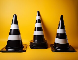 black and white traffic cones arranged on a bright yellow background for construction and safety themes