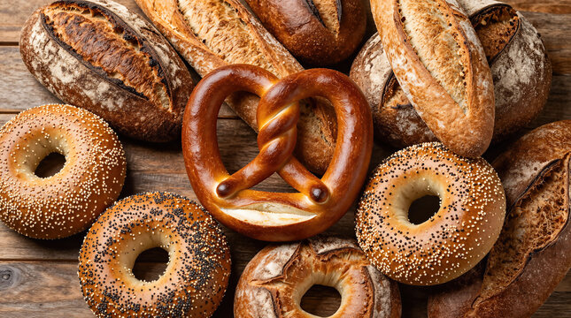 Assorted bread and pretzel on wooden table