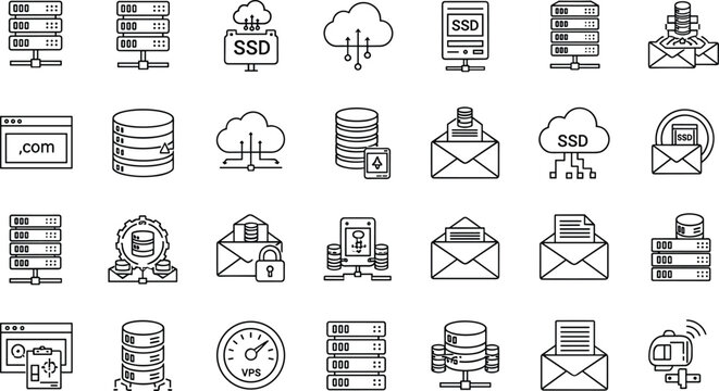 Vector illustration of cloud computing and hosting icon collection with server, email, lock, SSD, speed, network, and data management symbol design
