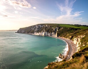 Obraz premium Coastal panorama showcasing cliffs, serene water, and rolling hills under a vibrant sky