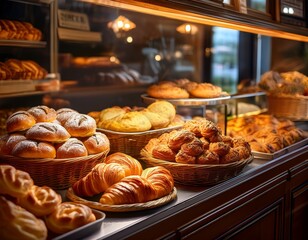 freshly baked pastries on display bakery counter with fresh pastries assorted pastries and buns in bakery display