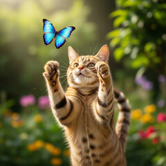 Obraz premium cat catches butterflies
