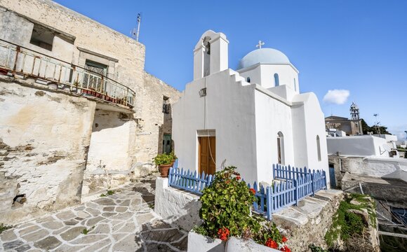 Greek Orthodox Chapel of Agios Spiridon, picturesque alleys of the village of Lefkes, Paros, Cyclades, Greece